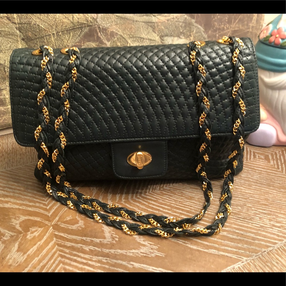 Bally Diamond Quilted Double Flap Bag Gold Plated Hardware Forrest Green